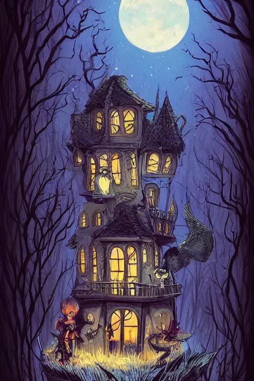 Prompt: a beautiful painting by victorianchaliscent mystical witches haunted house in a hill near the edge of a lake in the moonlight fireflies artgerm, brian kesinger