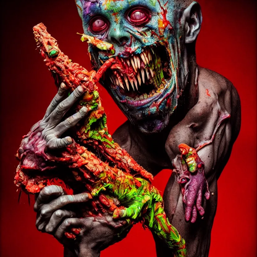 Prompt: a very colorful and beautiful ( flesh - eating ) tsikalawa, eating the leg of a terrified man, by alexandro judorowski and david cronenberg, fear, morbid, nightmare, supernatural, 8 k, digital art, highly detailed, chiaroscuro, creepy, terrifying