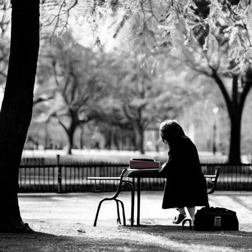 Prompt: film noir style. woman reads a book in the park