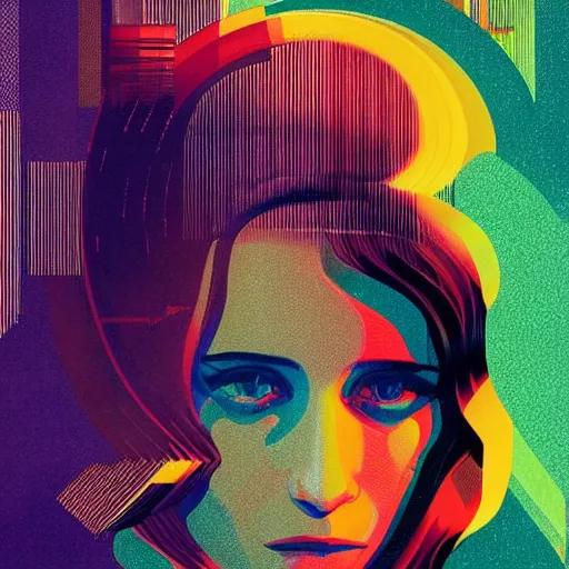 Image similar to ( ( dither ) ), editorial illustration portrait of alicia vikander in a spacestation interior, dynamic pose, modern art deco, colorful, ( ( mads berg ) ), christopher balaskas, victo ngai, rich grainy texture, detailed, dynamic composition, wide angle, matte print, alphonse mucha, ( ( glitch art pixel sorting ) )