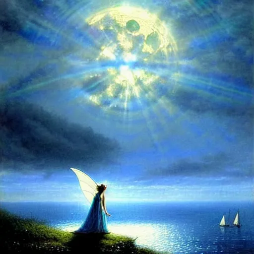 Image similar to an elegant fairy queen in a blue lace dress dancing looking out at a lord of the rings scenery landscape, staring across the sea at a white timber sail boat, evening, god's rays highly detailed, vivid colour, soft clouds, full moon, cinematic lighting, perfect composition, gustave dore, derek zabrocki, greg rutkowski, belsinski