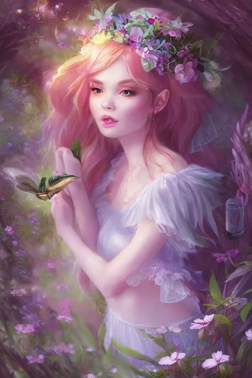 Image similar to a cute fairy in the dreamy forest, fantasy, 8 k resolution, hyper detailed, d & d, character design, digital painting, trending on artstation, sharp focus, illustration, art by artgerm, steve zheng, fuji choko, viktoria gavrilenko, hoang lap