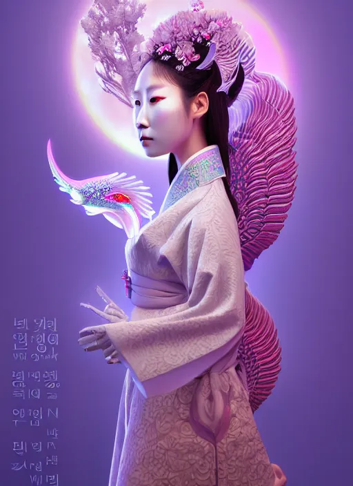 Image similar to 3 d goddess medium shot profile portrait. beautiful intricate highly detailed korean gumiho mask and traditional korean hanbok. stingray, magpie, bio luminescent, plasma, lava, ice, water, wind, creature, purple fog, artwork by tooth wu and wlop and beeple and greg rutkowski, trending on artstation,