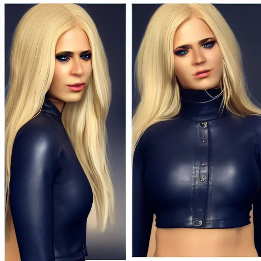 Image similar to beautiful blonde model, 2 arms, tight navy-blue leather outfit, full body and face and head, photorealistic, extreme detail, octane render, artstation, unreal engine
