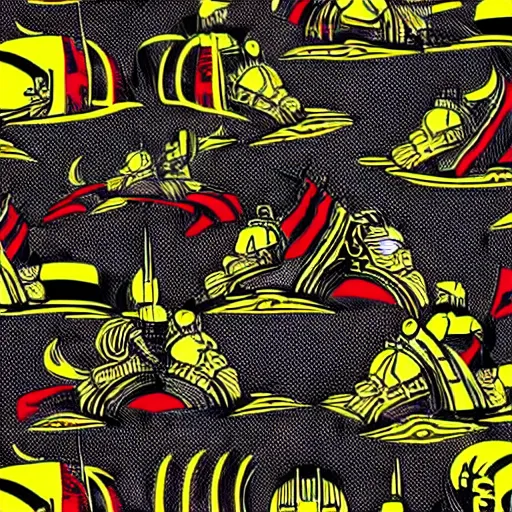 Image similar to mork borg, armored vikings coming out of red waves, graphic, black and yellow, intricate, ultra detailed