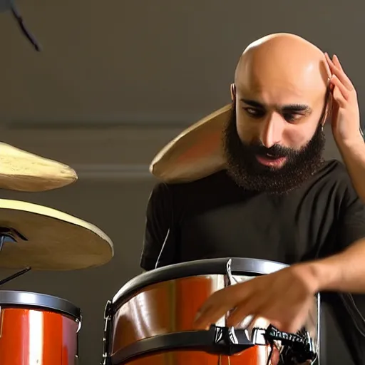Image similar to bald arab guy with a beard playing a drum solo on a large drum kit, hyper realistic, cinematic quality, stunning, epic