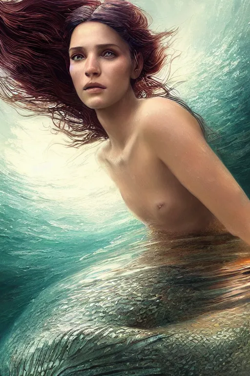 Prompt: a beautiful portrait of julia jones as a mermaid in a river of the amazon, hyper realistic face, beautiful eyes, fantasy art, in the style of greg rutkowski, intricate, hyper detailed, smooth