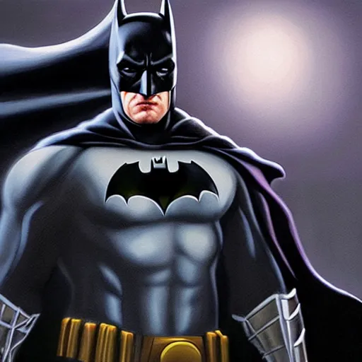 Image similar to An ultra-realistic painting of Batman in the style of Alex Ross. 4K. Ultra-realistic. Highly detailed. Dark Fantasy. Epic lighting.