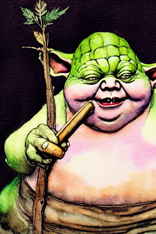 Prompt: a realistic and atmospheric watercolour fantasy character concept art portrait of a fat yoda with pink eyes smiling and holding a blunt with a pot leaf nearby, by rebecca guay, michael kaluta, charles vess and jean moebius giraud