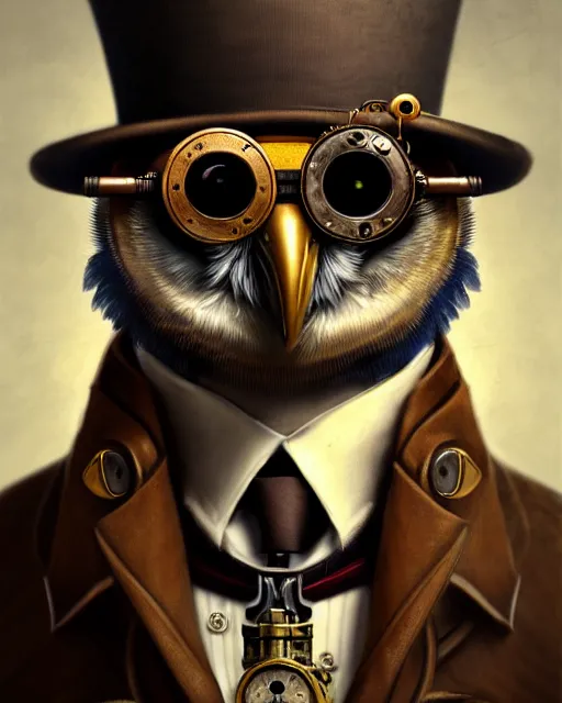 Image similar to steampunk male owl portrait, handsome, steampunk hat, detective coat, steampunk monocle, hyper realistic 3 d render by ilya kuvshinov, peter mohrbacher, greg rutkowski, ryohei hase, dramatic lighting, intricate, highly detailed, sharp focus, luminous, unreal engine, blender, deviant art, masterpiece, ray tracing