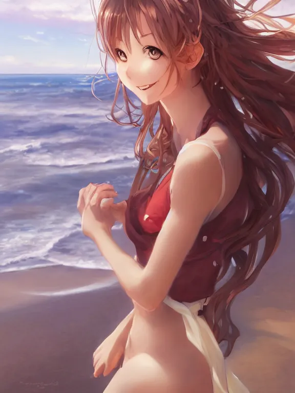 Image similar to A portrait of a smiling anime woman on the beach near the ocean, by Stanley Artgerm Lau, WLOP, Rossdraws, James Jean, Andrei Riabovitchev, Marc Simonetti, and Sakimi chan, anime portrait, official anime artwork