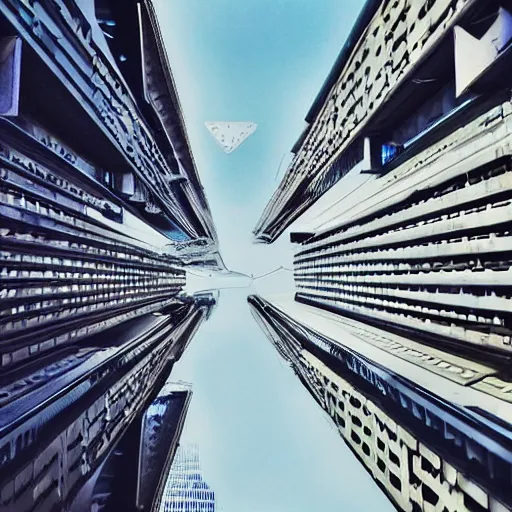 Prompt: very low angle. futuristic city street at 1 9 5 0 s. low angle. old photo. atmospheric. skyscrapers. vivid colours, mysterious. epic scene. trending on trainstation. 4 k. very high detailed.