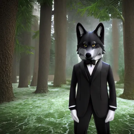 Prompt: 3 d render of a wolf as a gentleman wearing tuxedo in magical forest, smooth render, unreal engine 5, wet reflections, studio lighting, cinematic perspective, full hd