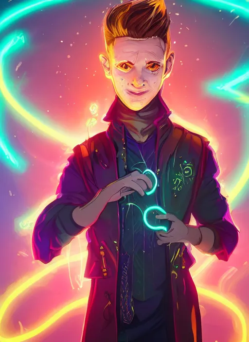 Prompt: character concept portrait of a handsome young wizard with olive skin and buzzed short spiky hairstyle casting a spell with apleasantly surprised expression. glowing runes in swirling neon light, an iridescent spell book hovering in mid-air. glowing magic dust swirling. intricate, elegant, digital painting, concept art, smooth, sharp focus, illustration, from Metal Gear, by Ruan Jia and Mandy Jurgens and Artgerm and William-Adolphe Bouguereau