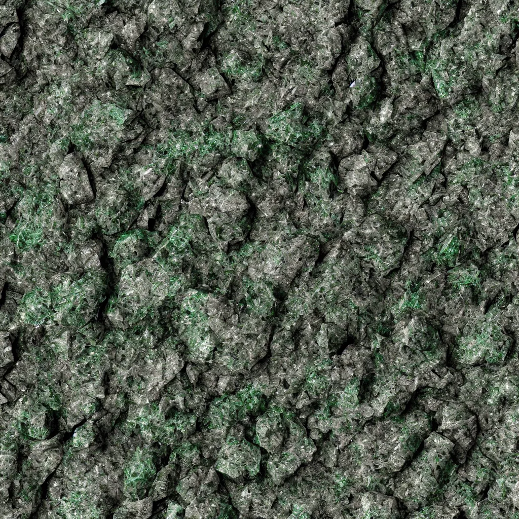 Image similar to long green crystals sticking out of the rock surface, detailed ground terrain albedo texture, flat, 2 d texture, seamless