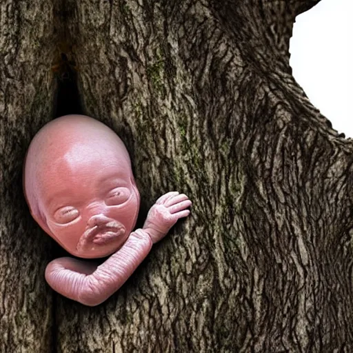 Prompt: human fetus growing in a tree, real picture