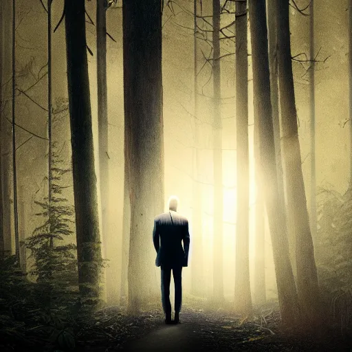 Image similar to joe biden as slenderman in forest, creepy joe biden, tall trees, night, creepy, horror, movie still, cinematic lighting, ray tracing, octane render, long lens, shallow depth of field, bokeh, anamorphic lens flare, 8 k, hyper detailed, 3 5 mm film grain