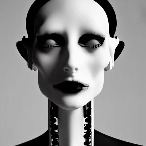Image similar to black and white dreamy foggy smoky profile face portrait, single skeletal biomechanical beautiful young female cyclops - cyborg - robot bust, body ribs meshes,, volumetric light, rim light, by dora maar and cecile beaton, big gothic fashion pearl embroidered collar, 8 k