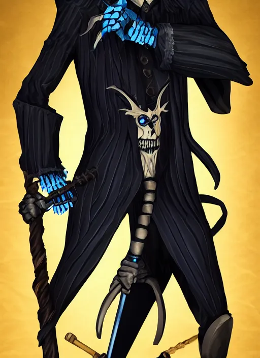 Image similar to DND character art, skeletal male figure, wearing a deep black suit!!! and tie and top hat, holding a gold! cane!, blue flames in background, blue flames