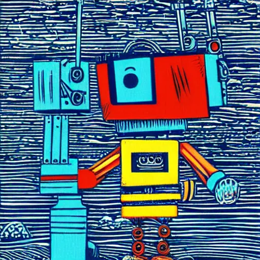 Image similar to colorful robot woodcut print by Julie De Graag