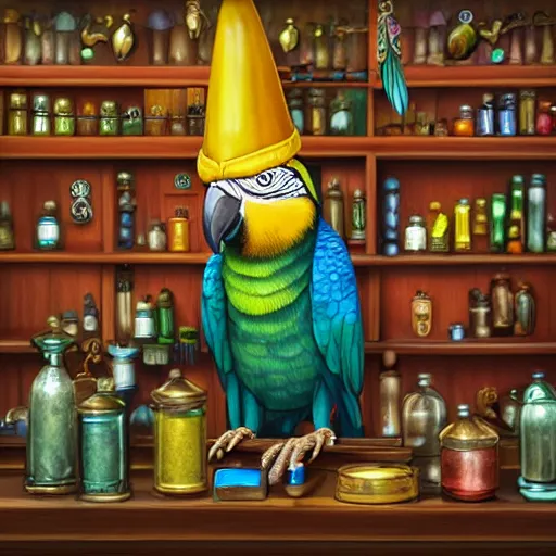 Image similar to Anthropomorphized parrot trader in his shop, shelves full, selling a gem, portrait, items, magic potions, carpet, window, fancy funny hat, sly expression , cunning expression, cute expression, presenting magic gem, D&D, fantasy, cinematic lighting, highly detailed, digital painting, artstation, concept art, smooth, sharp focus, illustration, warm light, cozy warm tint, magic the gathering artwork, volumetric lighting, 8k, no gold, no gold colours, art by Akihiko Yoshida, Greg Rutkowski