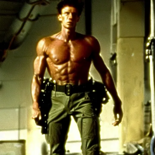 Prompt: tall muscular soldier, still from the movie aliens