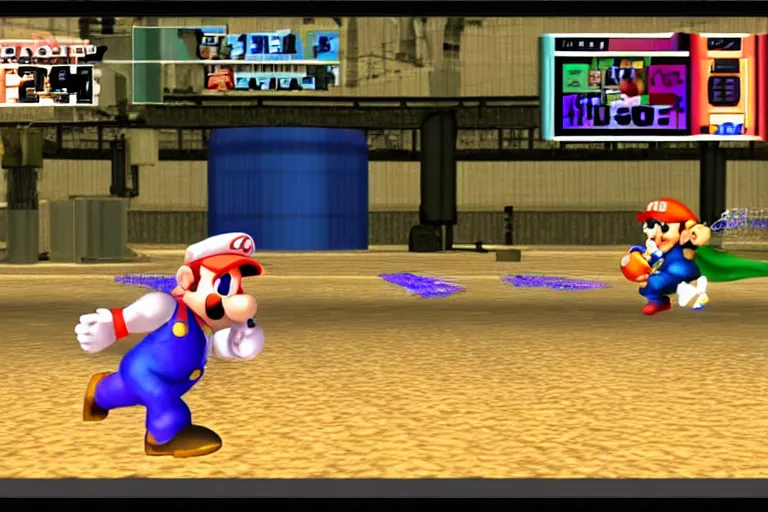 Prompt: videogame gameplay screenshot of super smash bros melee on nintendo gamecube, crt monitor