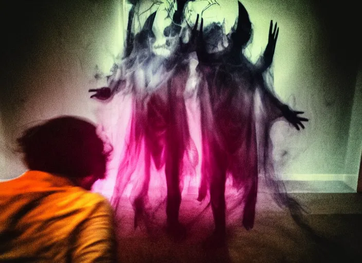 Image similar to horror demon evil transparent spirit attacks in living room interior coloured photo close shot on iphone, dynamic pose, sharp focus, grainy, corpse, paranormal, long exposure, flashlight, night, total darkness, poltergeist, aberrations,
