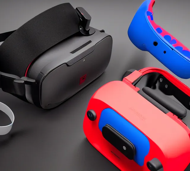 Image similar to a 4 k photorealistic photo product photo of a nintendo red and blue vr headset.