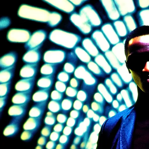 Image similar to morpheus from the matrix, blue red pill, black background, dramatic lighting, cinematic composition