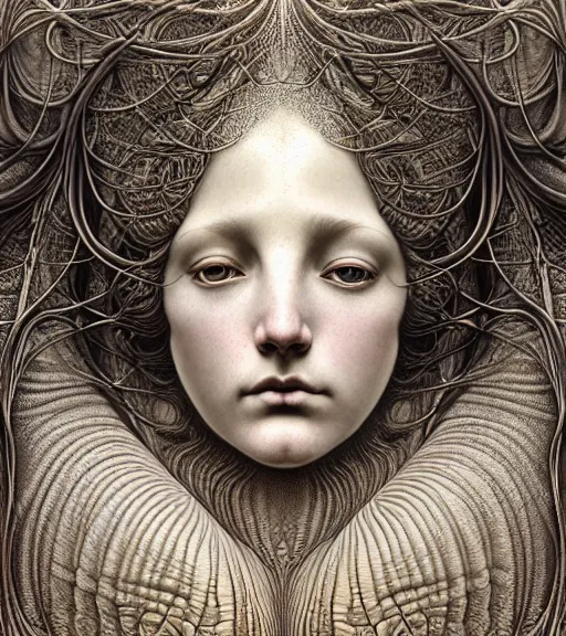 Image similar to detailed realistic beautiful light goddess face portrait by jean delville, gustave dore, iris van herpen and marco mazzoni, art forms of nature by ernst haeckel, art nouveau, symbolist, visionary, gothic, neo - gothic, pre - raphaelite, fractal lace, intricate alien botanicals, ai biodiversity, surreality, hyperdetailed ultrasharp octane render