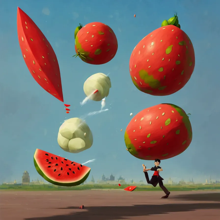 Prompt: Goro Fujita illustrating a rocket in the form of watermelon hitting the Red Square, art by Goro Fujita, sharp focus, highly detailed, ArtStation
