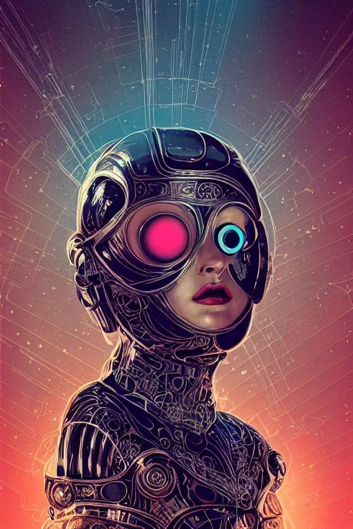 Prompt: retro-futuristic portrait of a beautiful damaged female android in dusty chrome armour with wires hanging, ornate background, light from below, ornate pattern, glowing eyes, evil expression, high details, intricate details, renaissance painting by vincent di fate, artgerm julie bell beeple, 80s, Smooth gradients, High contrast, depth of field, very coherent symmetrical artwork