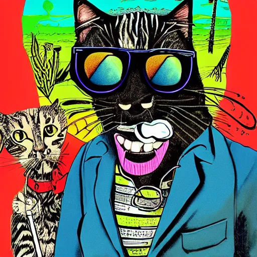 Prompt: a cat with exaggerated features, gonzo style, hunter s. thompson, explosion, brilliant colors