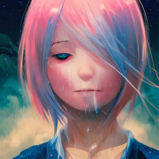 Image similar to water dripping on rimuru tempest crying, enveloped in galactic trails, sky blue straight hair, bangs, with amber eyes, black jacket, high collar, ultra detailed, euphoric, masterpiece, digital painting, psychedelic, cinematic, wlop, pixiv, ilya kuvshinov, ross tran