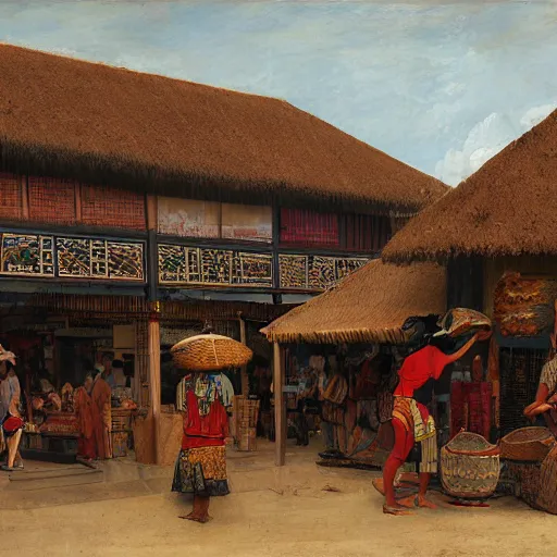 Image similar to architectural painting of Indonesian Maori Tlingit bazaar, by Bruegel and Greg Rutkowski and Nathan Jackson