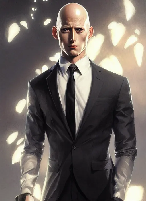 Image similar to ultra realistic illustration, handsome saitama. intricate, elegant, black suit, highly detailed, digital painting, artstation, concept art, smooth, sharp focus, illustration, art by artgerm and greg rutkowski and alphonse mucha and wlop