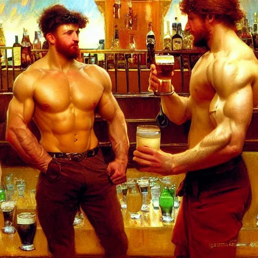 Image similar to attractive muscular mike with ginger hair with muscular attractive tyler with brunet hair, drinking their hearts out, in a pub. very defined and highly detailed painting by gaston bussiere, j. c. leyendecker, craig mullins 8 k