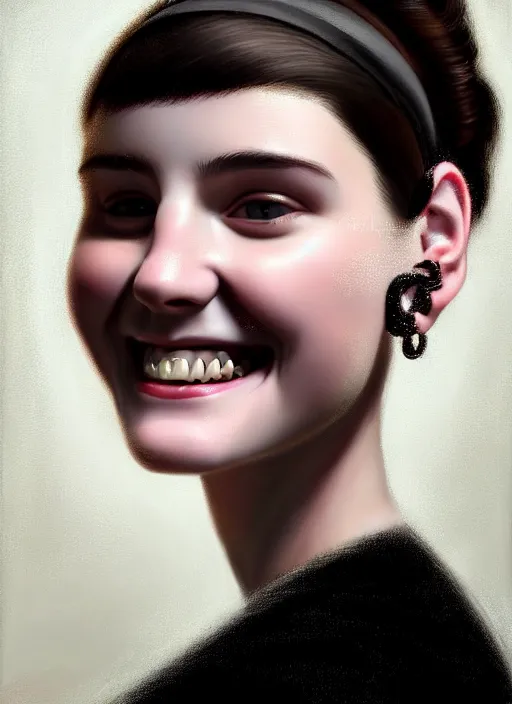 Image similar to portrait of white teenage girl, narrow face, short black hair, bangs, half updo hairstyle, buck toothed big smile, unattractive, defined jawline, long chin, wearing hair bow, earrings, intricate, elegant, glowing lights, highly detailed, digital painting, artstation, sharp focus, illustration, art by wlop, mars ravelo and greg rutkowski