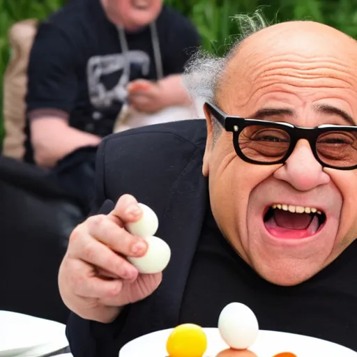 Image similar to Danny DeVito eating a boiled egg while being chased by boiled eggs with angry faces
