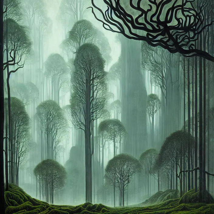 Image similar to charles burchfield art painting, beautiful arboreal forest by Adriaan Herman Gouwe, oregon washington rain forest by beeple, a beautiful and insanely detailed matte painting of alien dream worlds with surreal architecture designed by Heironymous Bosch, mega structures inspired by Heironymous Bosch's Garden of Earthly Delights, vast surreal landscape and horizon by Jim Burns, rich pastel color palette