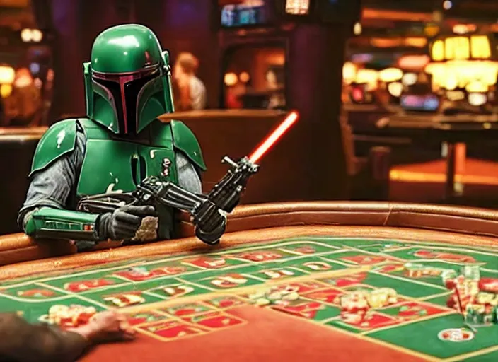 Image similar to film still of Boba Fett gambling in vegas in the new star wars film, 4k