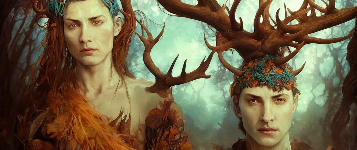 Prompt: beautiful digital painting of shaman with teal skin and antlers made of wood on his head, brown curly hair with orange oak leaves, D&D, fantasy, intricate, beautiful eyes, cinematic lighting, highly detailed, digital painting, Artstation, concept art, smooth, sharp focus, illustration, art by Artgerm and Greg Rutkowski, Alphonse Mucha and Rossdraws