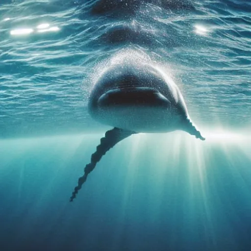 Prompt: underwater ocean, many whales, cosmos, pod, family, swimming to surface, calm, photograph, realistic, peaceful, light rays, beautiful, majestic, dapple, camera angle from below, distance,