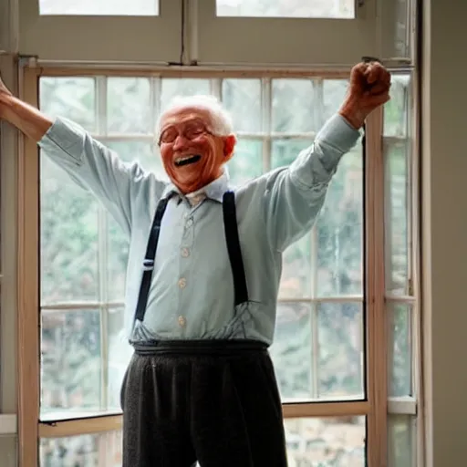 Prompt: a smiling old man dancing through a window