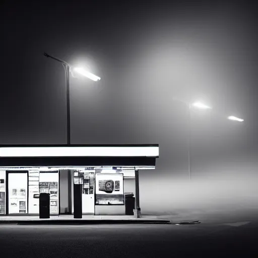 Prompt: a convenience store at a gas station in the dark and misty night, observed from afar in the fog, cyberpunk style ( 2 0 6 0 )