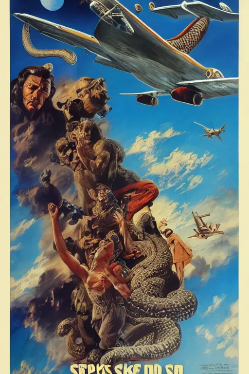 Prompt: Movie poster of Snakes on a plane, Highly Detailed, Dramatic, eye-catching, A masterpiece of storytelling, by frank frazetta, ilya repin, 8k, hd, high resolution print