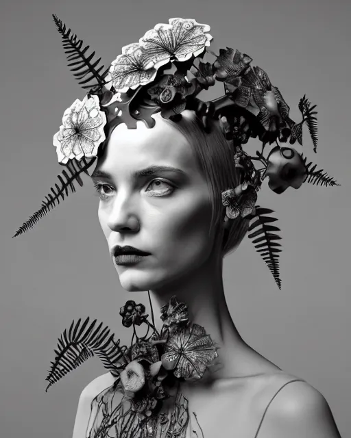 Image similar to monochrome 3 d model, 1 9 4 0 picture, floral silver steampunk biomechanical beautiful young female cyborg with porcelain profile face and a techno eye, volumetric light, leaves foliage and stems, hibiscus flowers, sinuous fine roots, fine foliage lace, alexander mcqueen, rim light, big gothic fashion pearl embroidered collar, octane render, 8 k