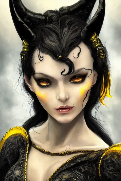 Image similar to portrait of female succubus with black hair and glowing yellow eyes and horns, dnd, fantasy, intricate, elegant, highly detailed, digital painting, artstation, concept art, smooth, sharp focus, illustration, art by narcisse navarre