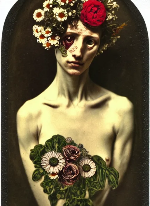 Image similar to beautiful and detailed rotten woman made of plants and many types of stylized flowers like carnation, daisy, chrysanthemum, anemone, roses and tulips, intricate, surreal, john constable, gustave courbet, caravaggio, romero ressendi, bruno walpoth 1 9 1 0 polaroid photo